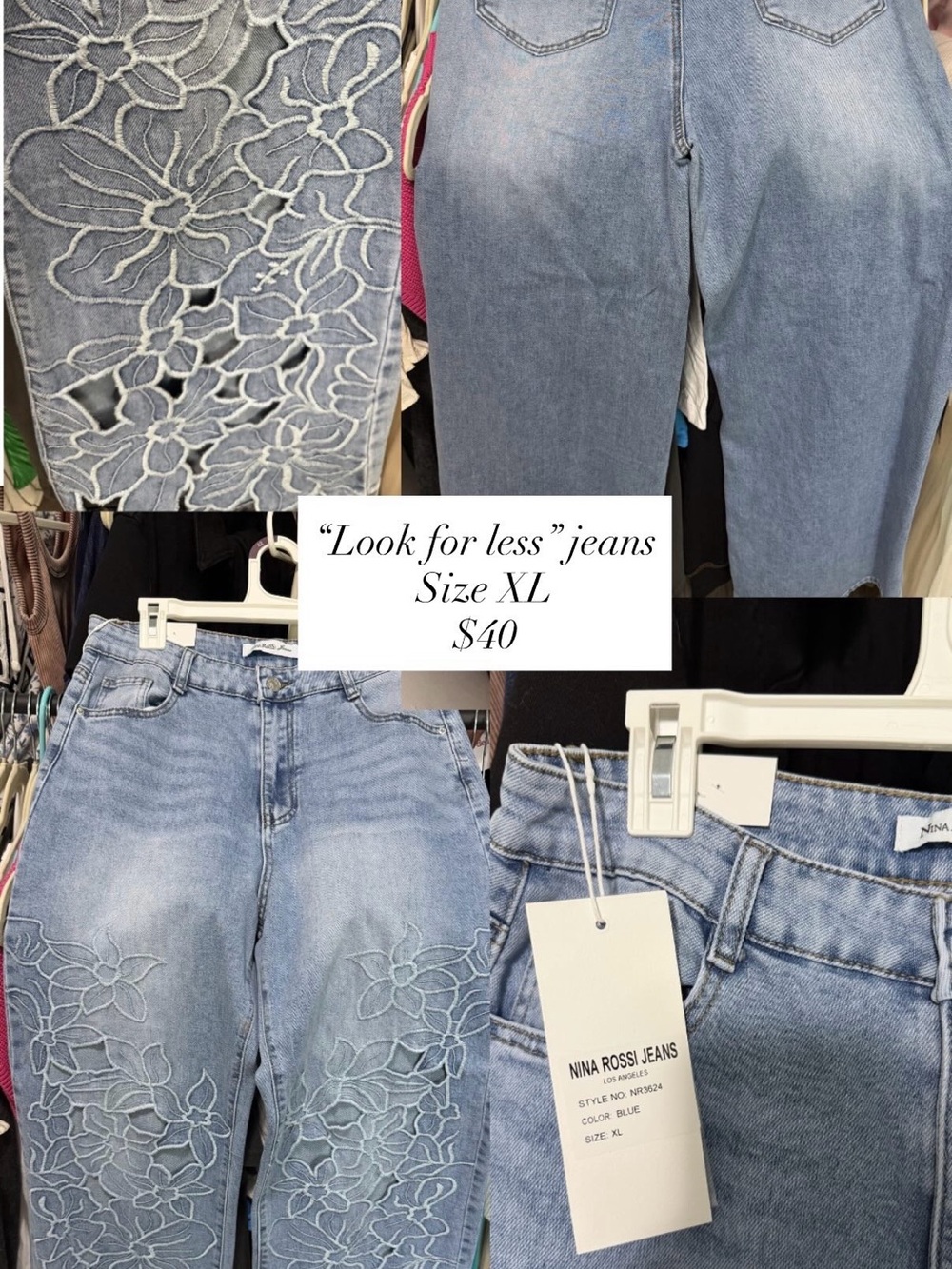 Nina Rossi High-Rise Light Blue Jeans with Floral Cutwork